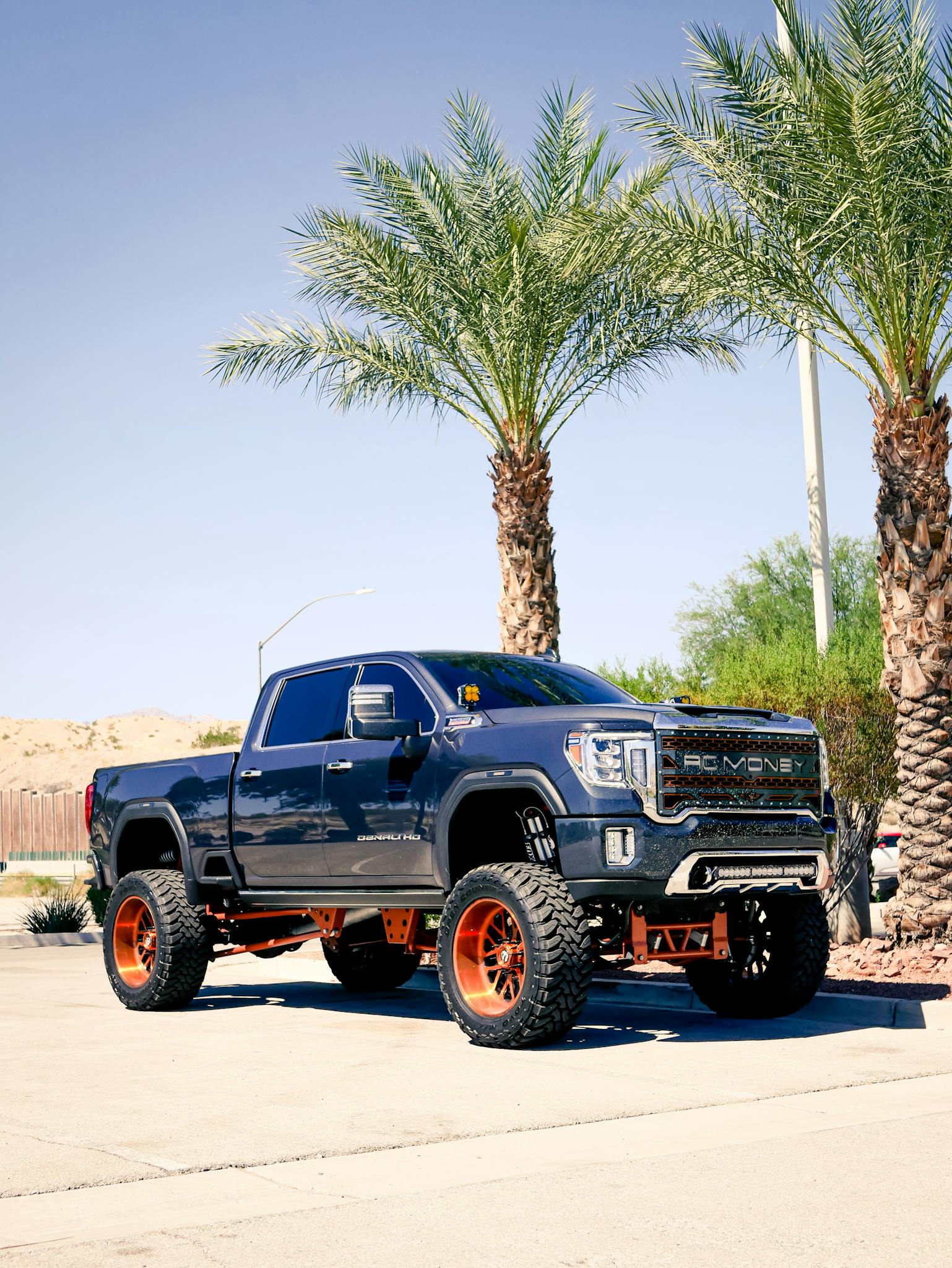 A black GMC Sierra truck with lifted suspension, parked under palm trees on a sunny day.